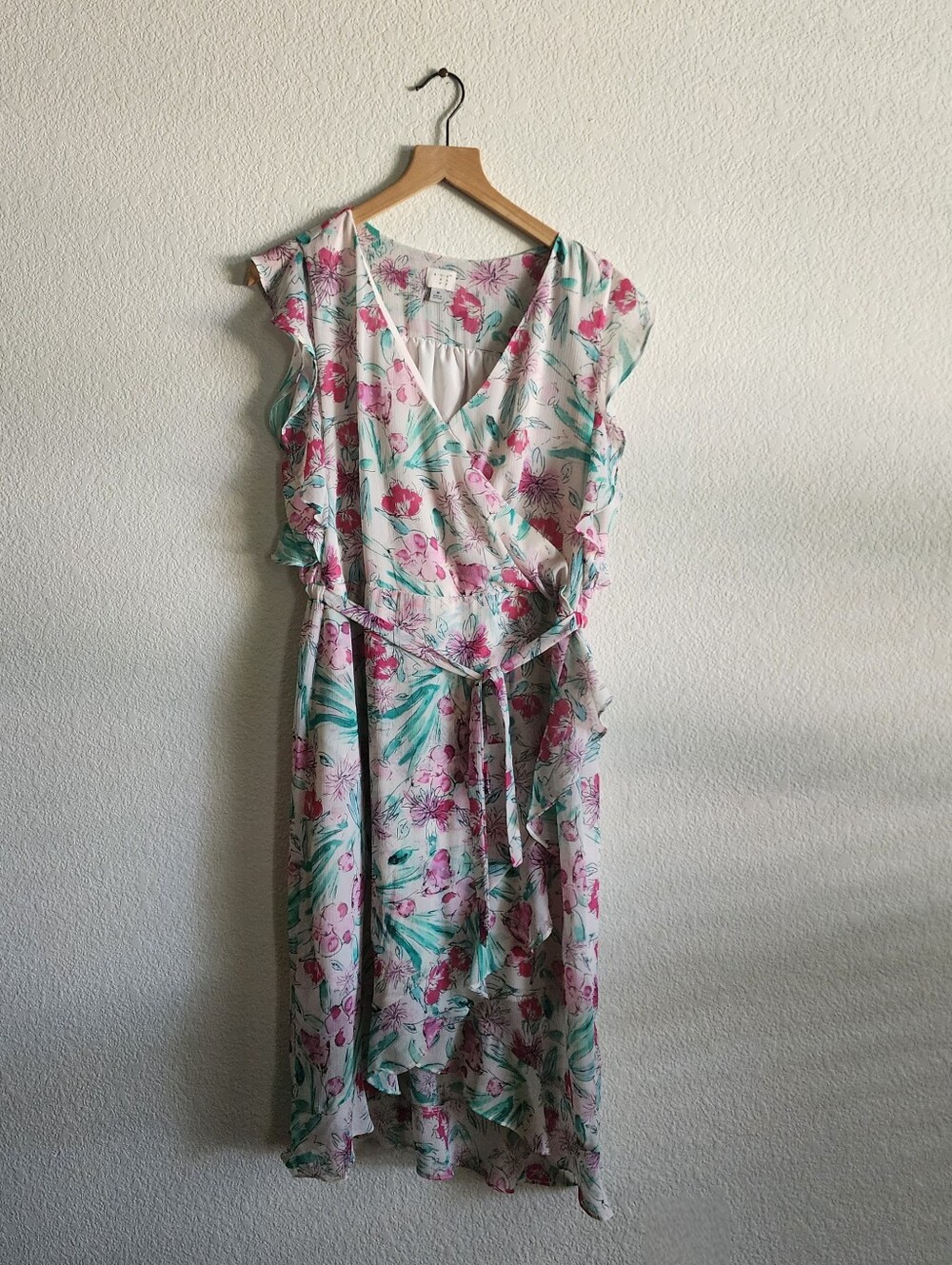 A New Day Women's M Floral Faux Wrap Tie Spring Summer Midi Ruffle Dress